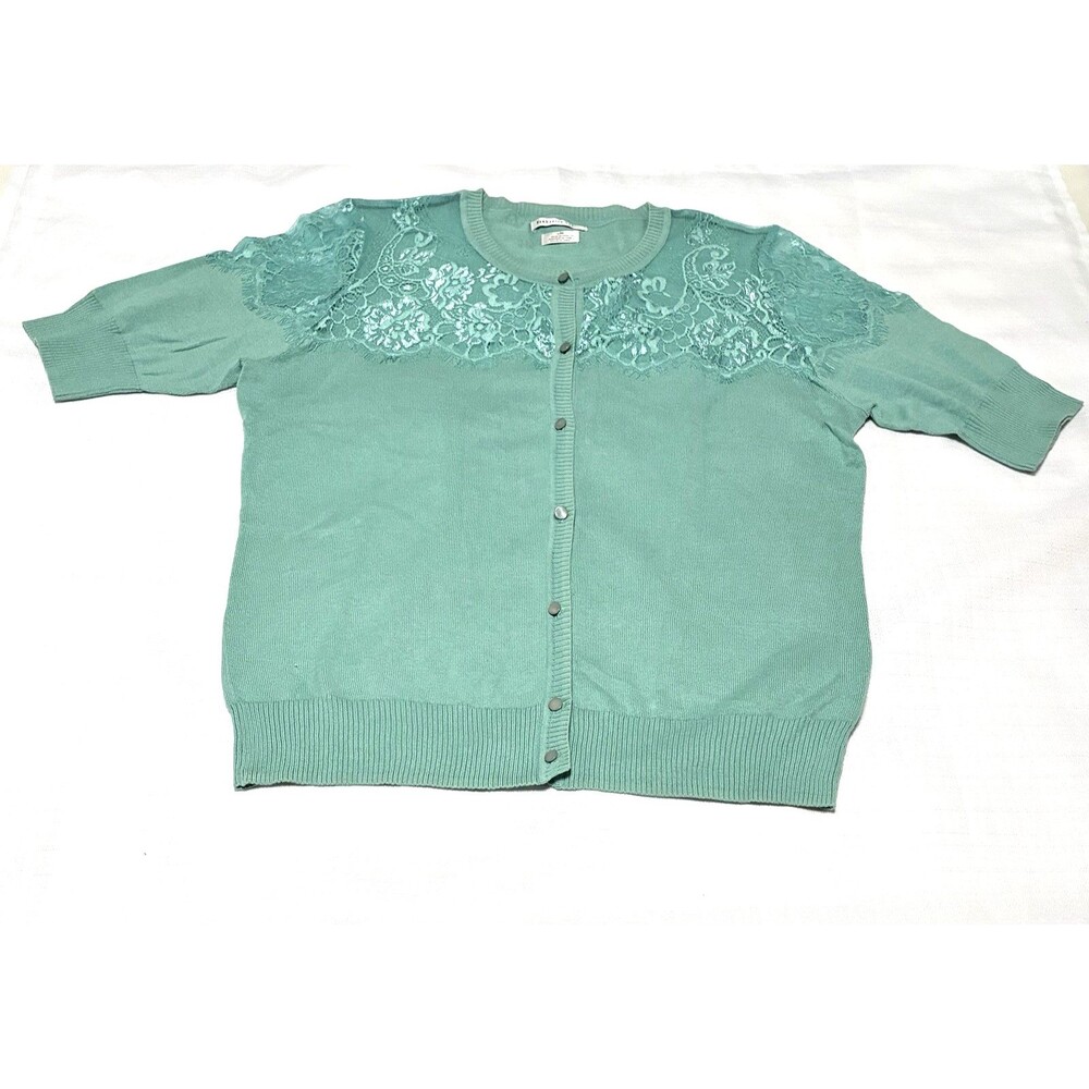 Van Heusen Cardigan Sweater Womens L Green Lace Detail Short Sleeve Cottagecore